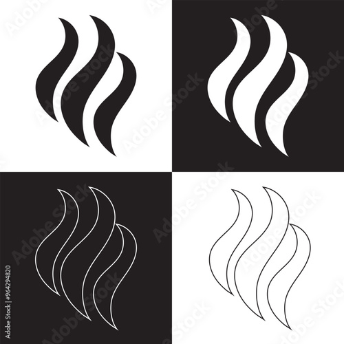 Smoke steam icon vector logo set. Smoke smell, steam aroma heat icon illustration.Hot vapor fire doodle line logo. Hit stink, coffee, fragrance flame elements. isolated on black and white background. 