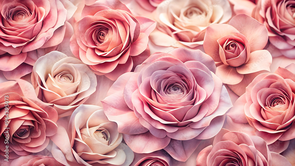 Elegant floral background featuring soft pink roses in various shades, romantic design, copy space
Elegant floral background featuring soft pink roses in various shades, romantic design, copy space