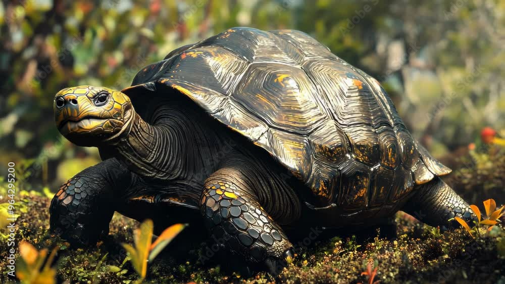 A large tortoise with a dark brown shell sits on a bed of green moss. A large tortoise with a dark brown shell sits on a bed of green moss.