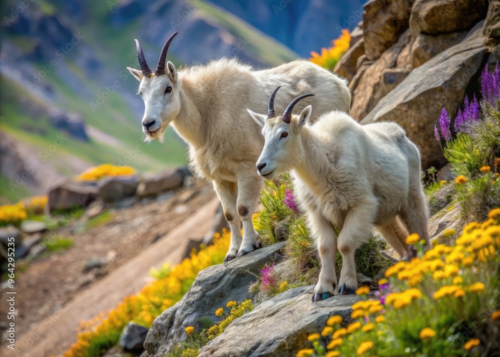 Two agile mountain goats with thick white coats and curved horns traverse a steep rocky slope amidst vibrant wildflowers in Colorado's Rocky Mountains.