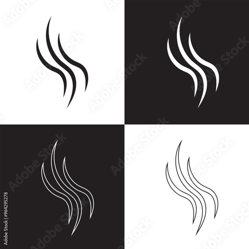 Smoke steam icon vector logo set. Smoke smell, steam aroma heat icon illustration.Hot vapor fire doodle line logo. Hit stink, coffee, fragrance flame elements. isolated on black and white background. 