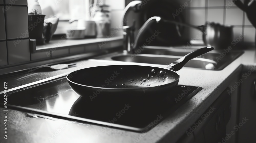 A black frying pan sits on a stovetop in a kitchen. A black frying pan sits on a stovetop in a kitchen.