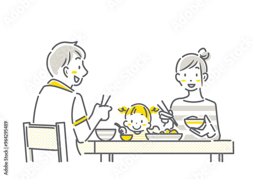 自宅で食事を楽しむ家族　シンプルでお洒落な線画イラスト