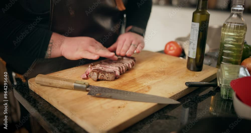 Cooking, beef and knife with hands with person in kitchen for food, diet and meal prep. Nutrition, meat cuisine and dinner recipe with steak at home for wellness, dining and healthy ingredients Cooking, beef and knife with hands with person in kitchen for food, diet and meal prep. Nutrition, meat cuisine and dinner recipe with steak at home for wellness, dining and healthy ingredients