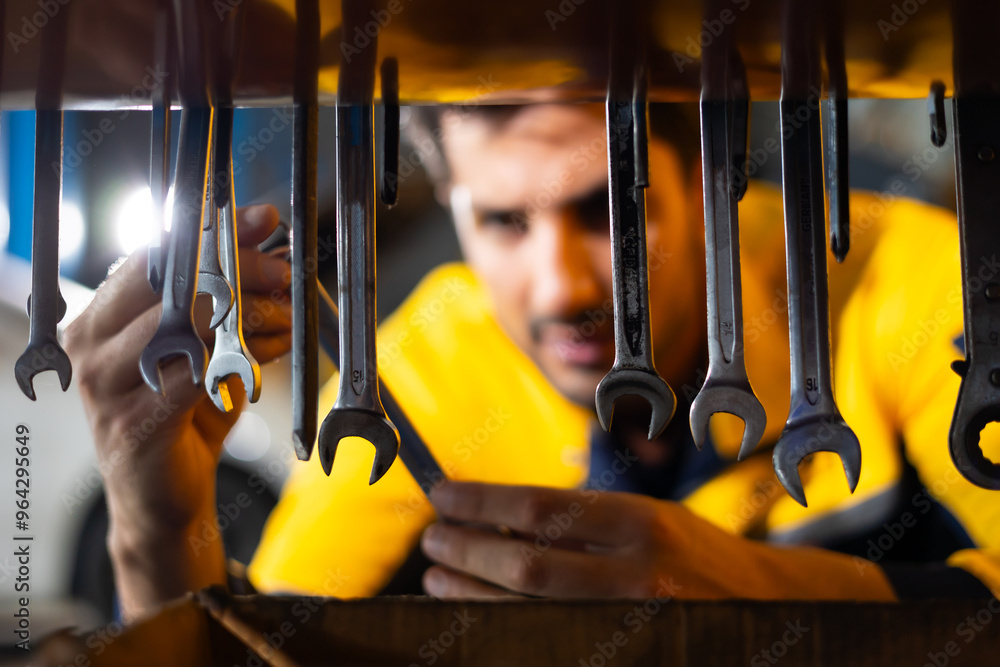 © NVB Stocker - Auto mechanic selecting tools and spanner for repairs in auto repair shop. Hispanic latin male mechanic repairs car in garage. Car maintenance and auto service garage concept