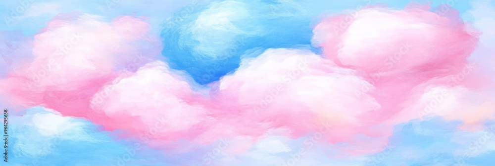 Fototapeta premium Soft pastel pink and blue clouds drift across a clear sky, creating a tranquil scene during a calm spring afternoon