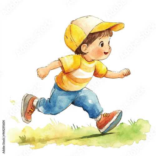 cute kid playing relay race watercolor clipart