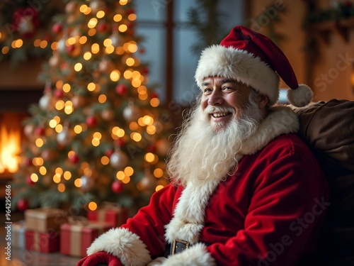 A festive Christmas scene featuring Santa Claus sitting by a beautifully decorated Christmas tree.