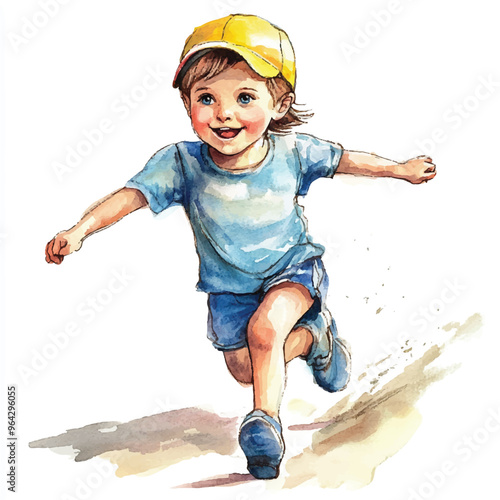 cute kid playing relay race watercolor clipart
