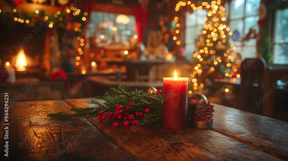 Cozy Christmas scene with a lit candle on a decorated table, festive lights, and a warm fireplace in the background.