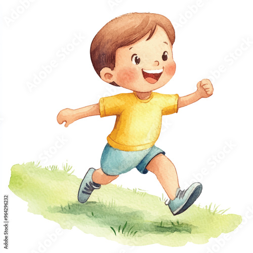 cute kid playing relay race watercolor clipart
