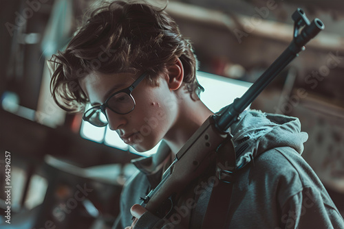 A boy with a toy machine gun in military uniform plays laser tag.