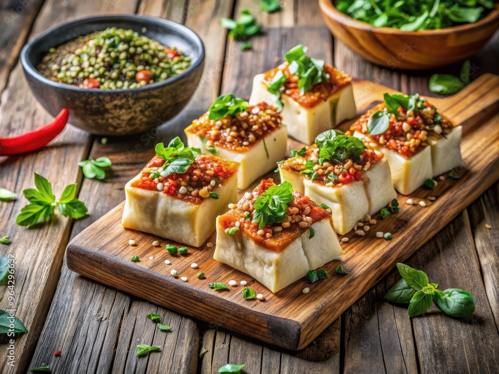 Vibrant arrangement of Korean-style tofu pouches filled with savory fillings, garnished with fresh herbs and sesame seeds, on a rustic wooden cutting board. Vibrant arrangement of Korean-style tofu pouches filled with savory fillings, garnished with fresh herbs and sesame seeds, on a rustic wooden cutting board.