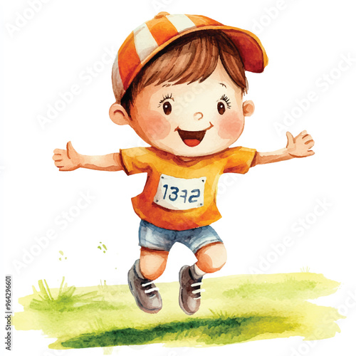 cute kid playing relay race watercolor clipart