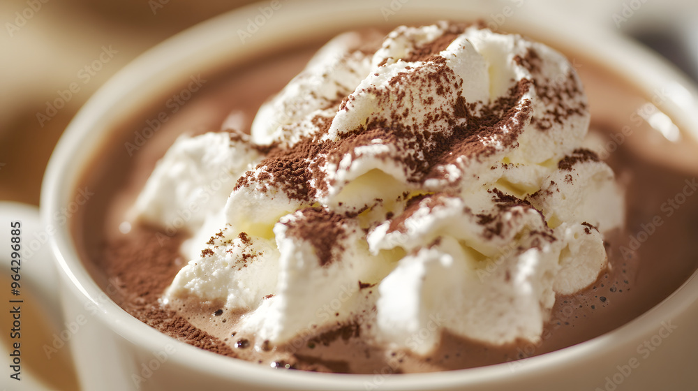 Close-Up of Rich and Velvety Hot Chocolate Topped with Whipped Cream and Cocoa Powder, Perfect for Cozy Winter Moments and Indulgent Treats Close-Up of Rich and Velvety Hot Chocolate Topped with Whipped Cream and Cocoa Powder, Perfect for Cozy Winter Moments and Indulgent Treats