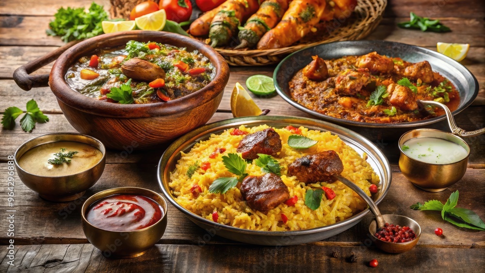 Vibrant arrangement of traditional Pakistani cuisine, including steaming basmati rice, flavorful biryani, tender kebabs, and rich curries, set against a warm, inviting background. Vibrant arrangement of traditional Pakistani cuisine, including steaming basmati rice, flavorful biryani, tender kebabs, and rich curries, set against a warm, inviting background.