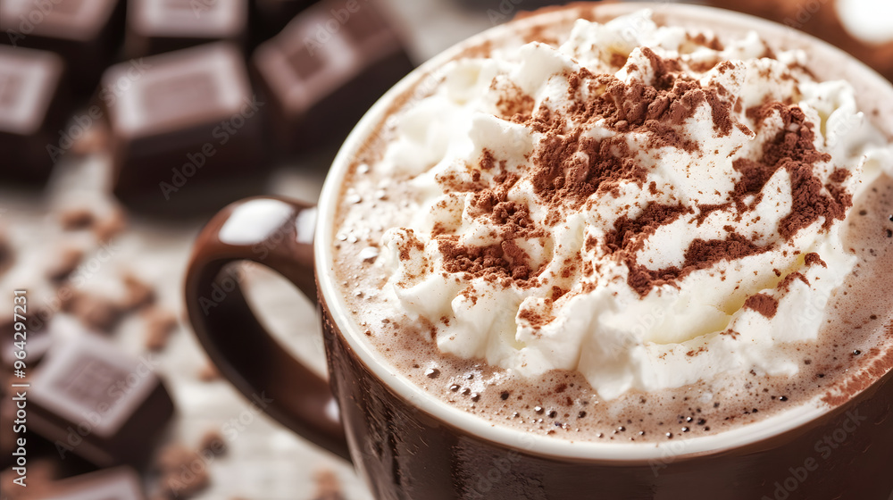 Close-Up of Rich and Velvety Hot Chocolate Topped with Whipped Cream and Cocoa Powder, Perfect for Cozy Winter Moments and Indulgent Treats Close-Up of Rich and Velvety Hot Chocolate Topped with Whipped Cream and Cocoa Powder, Perfect for Cozy Winter Moments and Indulgent Treats