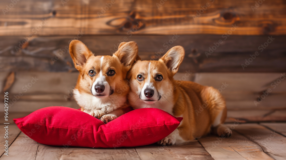 Corgis Sitting on Red Pillow, – Bench and Wooden Background Corgis Sitting on Red Pillow, – Bench and Wooden Background