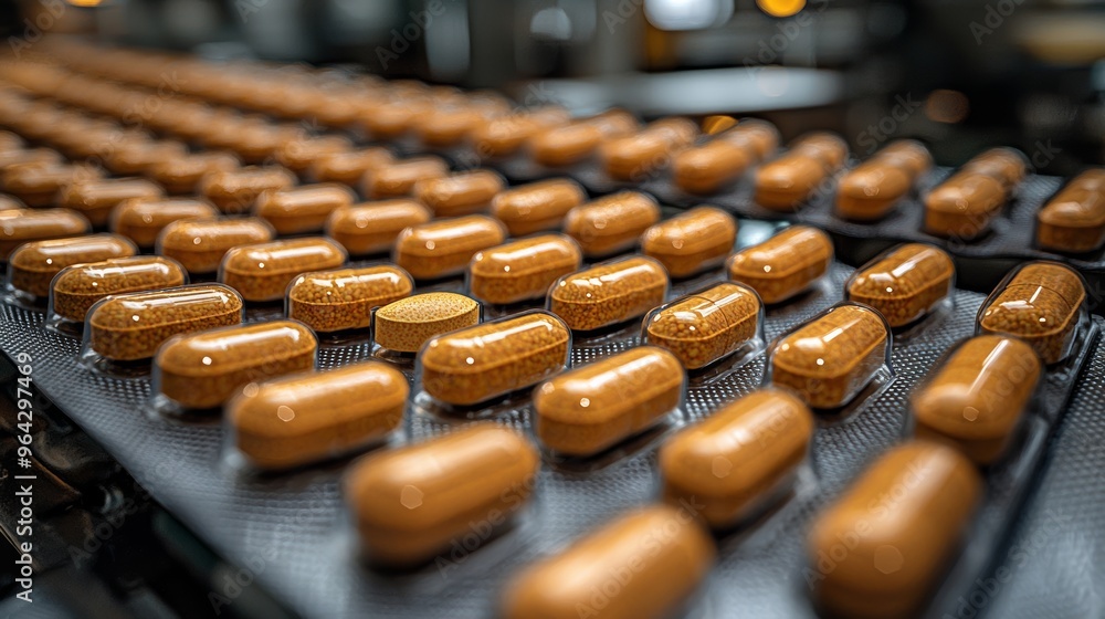 Rows of brown capsules move along a conveyor belt in a pharmaceutical manufacturing facility during production Rows of brown capsules move along a conveyor belt in a pharmaceutical manufacturing facility during production