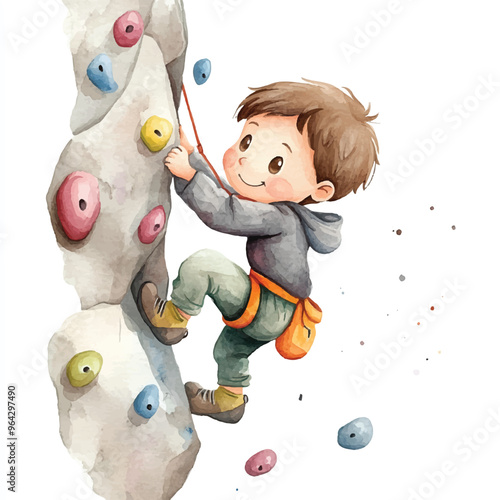 cute kid playing Rock climbing watercolor clipart