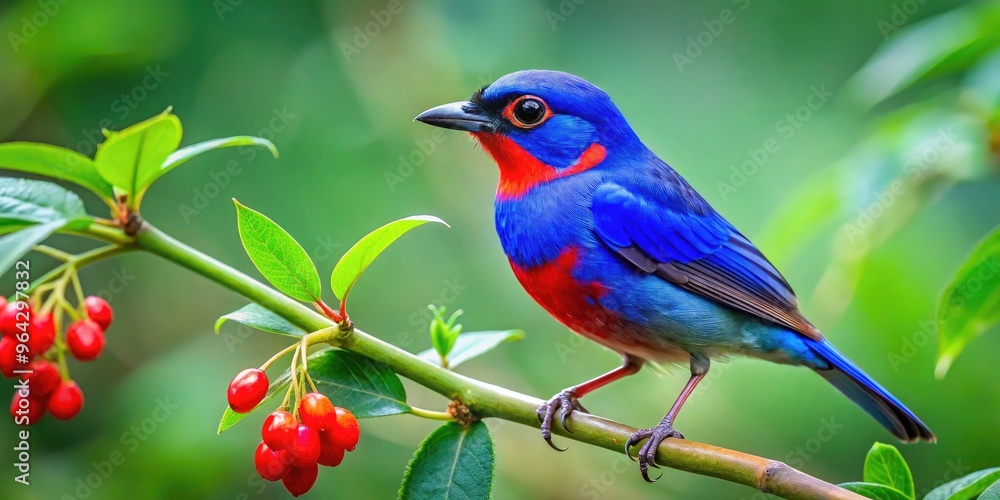 Vibrant blue bird with bright red beak perched on a delicate branch, surrounded by lush green foliage, capturing a serene moment in nature's splendor. Vibrant blue bird with bright red beak perched on a delicate branch, surrounded by lush green foliage, capturing a serene moment in nature's splendor.