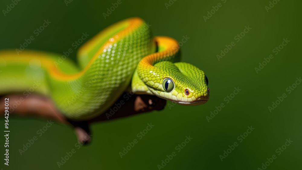 Green Snake Displaying Different Shades of Green and Yellow Patterns on Its Scales Green Snake Displaying Different Shades of Green and Yellow Patterns on Its Scales