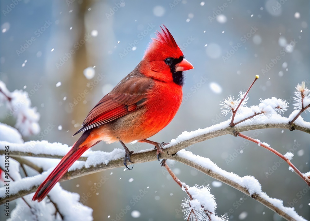 Vibrant cardinal perches on snow-covered branch, its bright red plumage and crest stark against winter's serene backdrop of frozen trees and gentle snowfall. Vibrant cardinal perches on snow-covered branch, its bright red plumage and crest stark against winter's serene backdrop of frozen trees and gentle snowfall.