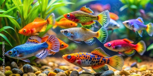 Vibrant, Close-Up Image Of Several Colorful Molly Fish Swimming In A Clear Aquarium With Live Plants And Gravel On The Bottom photo