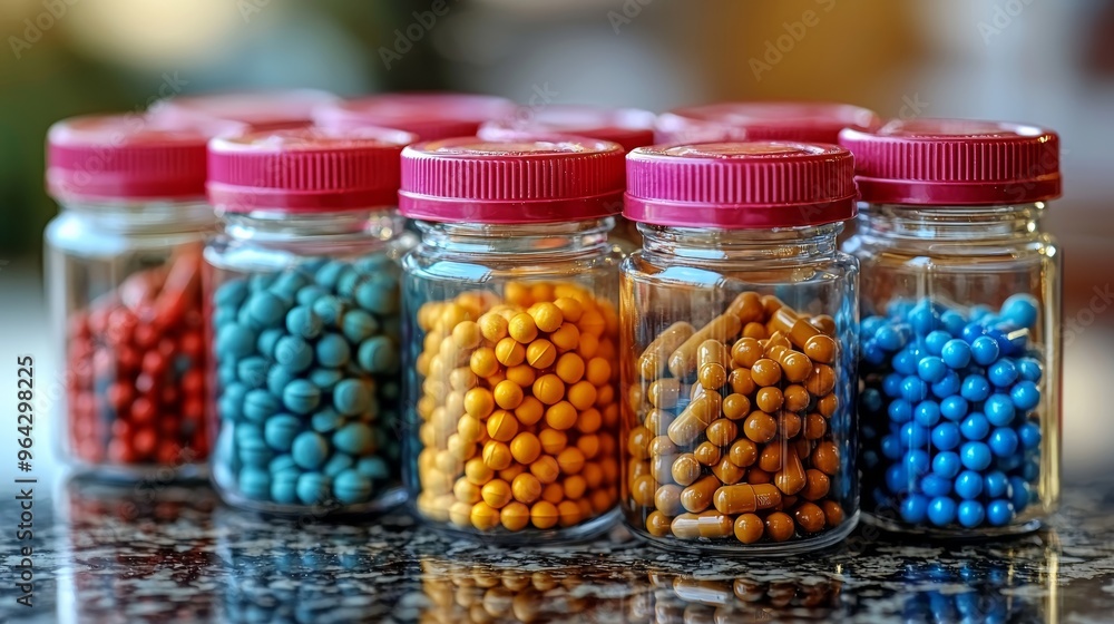 Colorful glass jars filled with various beads, showcasing vibrant shades arranged neatly on a countertop Colorful glass jars filled with various beads, showcasing vibrant shades arranged neatly on a countertop