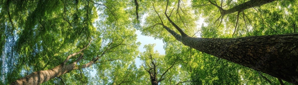 Panoramic view of a lush green forest canopy, with tall trees and sunlight filtering through, creating a serene and beautiful natural scene. Panoramic view of a lush green forest canopy, with tall trees and sunlight filtering through, creating a serene and beautiful natural scene.