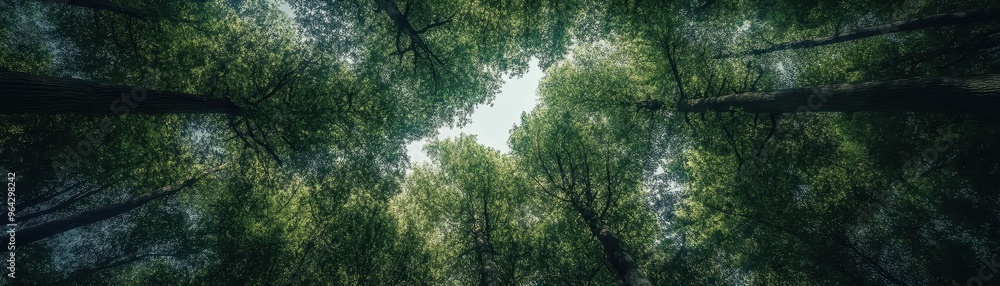 Fototapeta premium Looking up into a lush green forest canopy with sunlight filtering through the leaves, creating a peaceful and serene atmosphere.