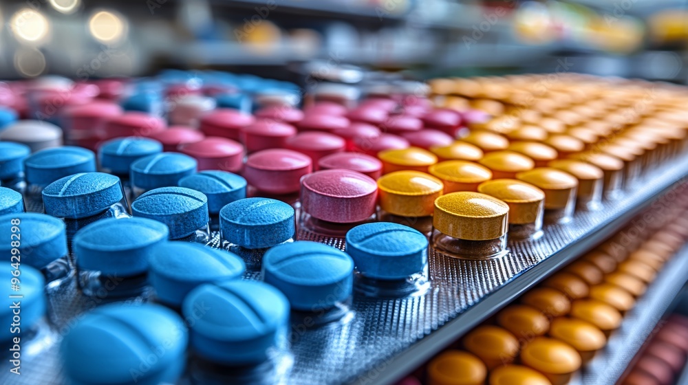 Close-up view of colorful medication tablets arranged neatly on a pharmacy shelf during daylight hours Close-up view of colorful medication tablets arranged neatly on a pharmacy shelf during daylight hours