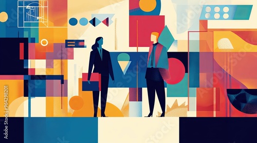 Two Business Professionals Standing in a Geometric Abstract Background