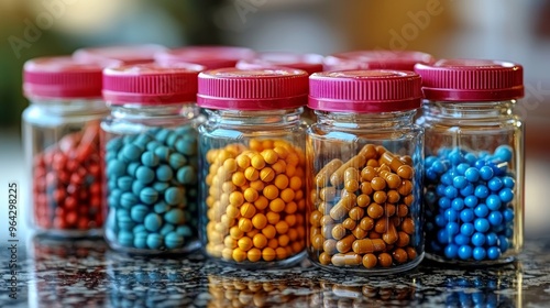 Colorful glass jars filled with various beads, showcasing vibrant shades arranged neatly on a countertop