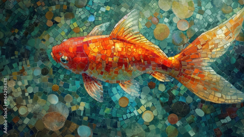Goldfish mosaic on blue and green tile mosaic background. The fish is ...