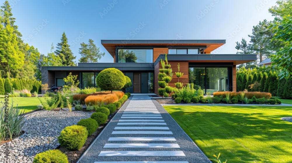 Modern luxury house exterior with beautiful landscaped garden and walkway Modern luxury house exterior with beautiful landscaped garden and walkway
