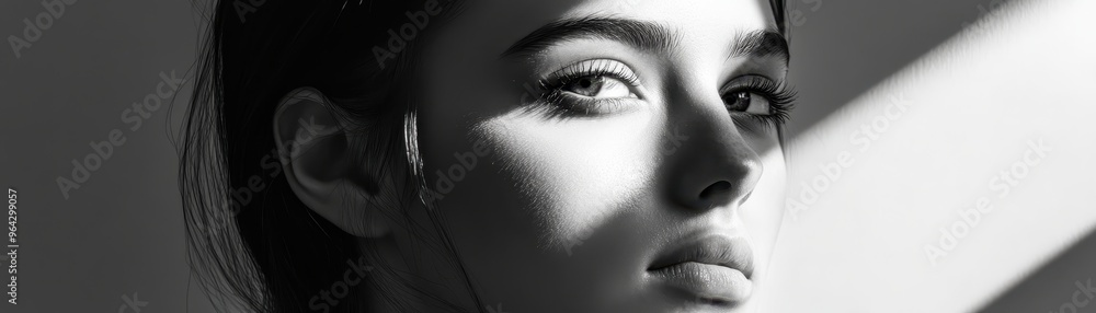 Black and white portrait of a woman with strong lighting and shadows highlighting her face, conveying emotion and depth. Black and white portrait of a woman with strong lighting and shadows highlighting her face, conveying emotion and depth.