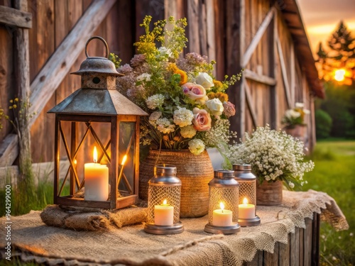 Rustic wedding decor features vintage lanterns, burlap and lace, distressed wood, and wildflowers, amidst a secluded barn setting with a sunset glow.