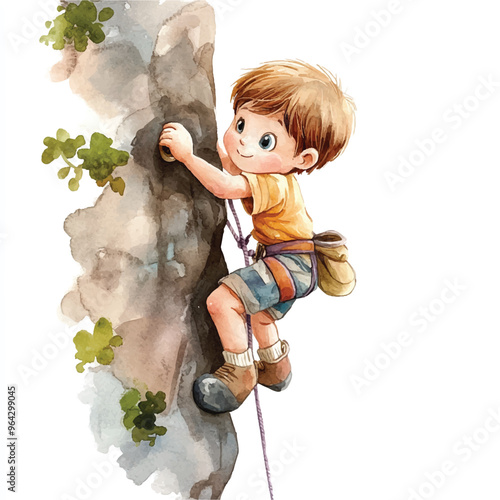 cute kid playing Rock climbing watercolor clipart