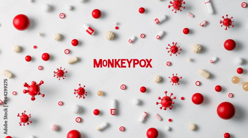 Monkeypox text with red virus particles and pills on a white background. Represents viral outbreak and treatment. Monkeypox text with red virus particles and pills on a white background. Represents viral outbreak and treatment.