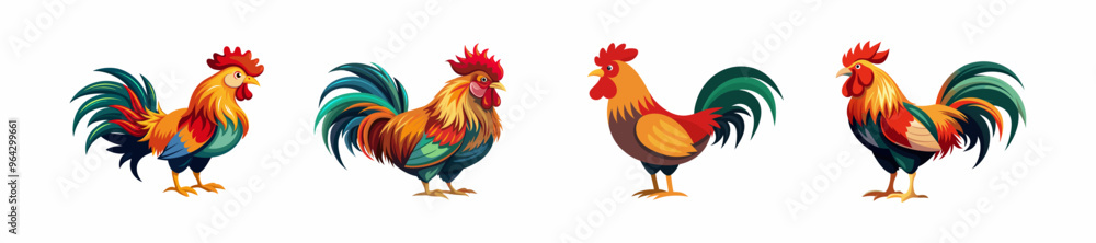 Fototapeta premium Set of four roosters in different poses isolated on a white background. Concept of farm animals, vibrant feathers, rooster designs, chicken farming, cute birds. Print, icon, design element