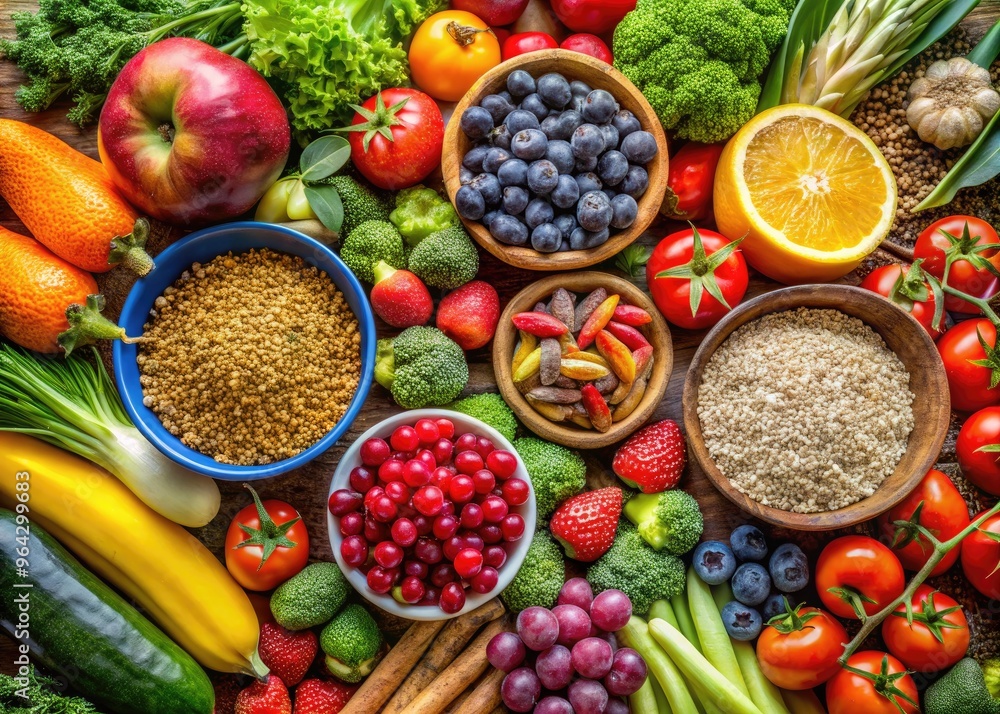 Vibrant Display Of Fresh Fruits, Vegetables, And Grains Rich In Essential Vitamin B Nutrients. Vibrant Display Of Fresh Fruits, Vegetables, And Grains Rich In Essential Vitamin B Nutrients.