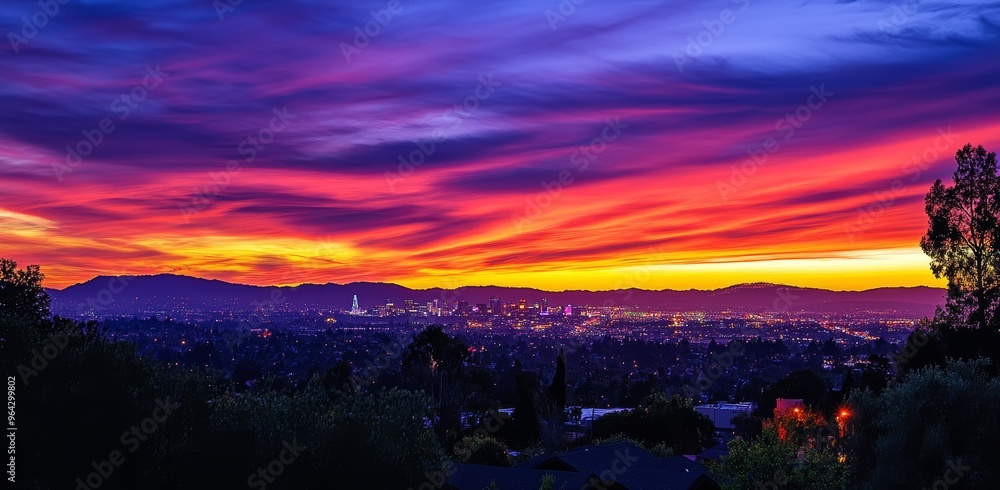 A stunning sunset casts colorful hues across the sky, illuminating the Los Angeles skyline as city lights begin to shine A stunning sunset casts colorful hues across the sky, illuminating the Los Angeles skyline as city lights begin to shine