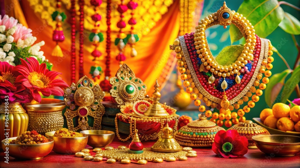 Fototapeta premium Vibrant Display Of Traditional Indian Wear, Ornate Jewelry, And Festive Decorations Against A Colorful Backdrop, Celebrating The Tamil New Year Of 2024.