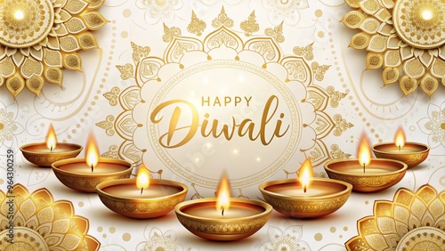 Happy Diwali Greeting Card with Golden Diyas and Mandala Pattern - Festive Indian Holiday Design photo