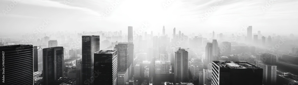 Black and white cityscape featuring tall skyscrapers disappearing into the fog, conveying a serene yet mysterious urban atmosphere. Black and white cityscape featuring tall skyscrapers disappearing into the fog, conveying a serene yet mysterious urban atmosphere.