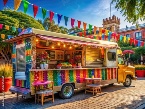 Vibrant food truck parked on a sunny street, surrounded by vibrant decorations, serving a variety of colorful, authentic Mexican dishes and refreshments.