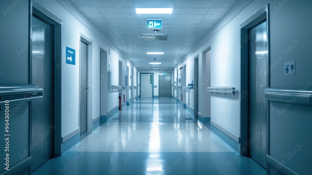 Fototapeta premium Modern hospital hallway with clean and sterile environment, emergency exit sign and directional indicators