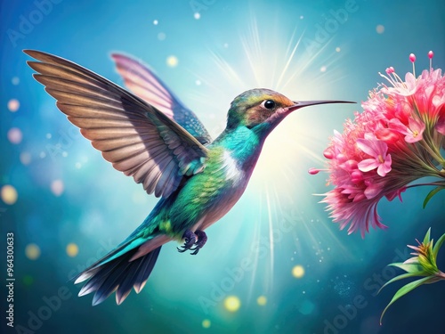 Vibrant green 3D hummingbird with iridescent feathers and delicate wings sips nectar from a blooming pink flower against a soft, sunny blue background.