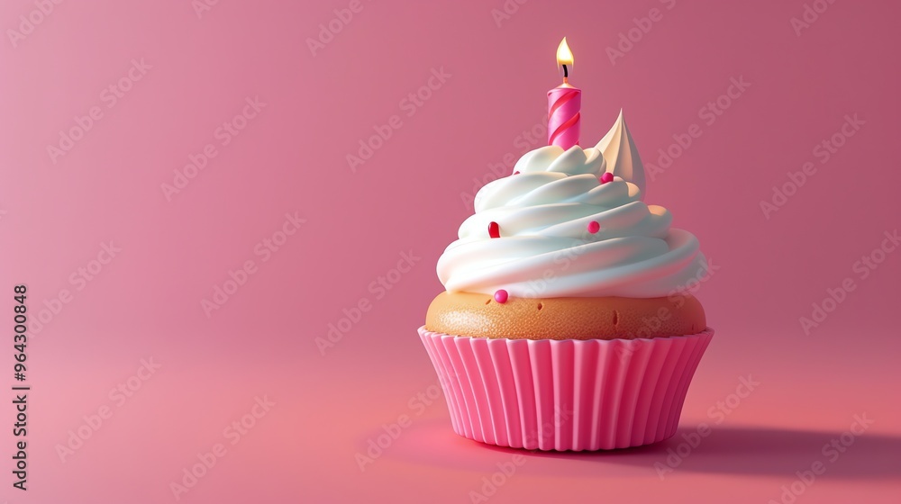 A pink cupcake with white frosting and a lit pink candle. A pink cupcake with white frosting and a lit pink candle.